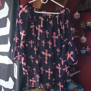 R Rouge Sheer Navy & Pink Cross Blouse